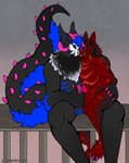 3_eyes anthro anthro_on_anthro black_body black_fur blue_body blue_fur bone bovid_horn caprine_horn claws duo fur genitals goat_horn happy happy_sex holding_penis horn male male/male mask masturbation multi_eye multicolored_body multicolored_fur mutual_masturbation notched_ear penis purple_eyes red_body red_fur romantic romantic_couple sex sitting_on_another skull skull_mask spikes teeth mrpanovvy vulpeh mythology celum_(character) psyker_(character) dragon mythological_creature mythological_scalie reptile scalie skulldog_(species) absurd_res hi_res trans_(lore) trans_man_(lore)