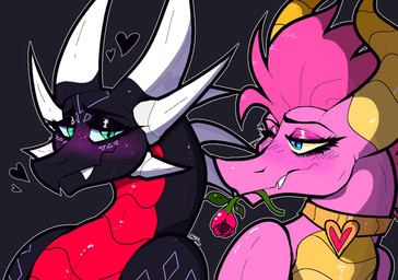 2_horns 6_horns ambiguous_gender arm_markings black_body black_heart black_scales blue_eyes blush blush_lines countershading cute_fangs duo eyelashes eyeshadow facial_markings fangs female female/ambiguous feral flower flower_in_mouth forehead_markings frill_(anatomy) green_eyes grey_background head_crest head_frill head_markings horn jagged_mouth jewelry long_eyelashes long_neck looking_at_another makeup markings mascara multi_horn neck_spikes necklace pink_body pink_scales plant red_body red_countershading red_scales romantic romantic_ambiance rose_(flower) scales shoulder_markings simple_background smile teeth ventral_scales white_horn yellow_body yellow_countershading yellow_horn yellow_scales pancakesr4theweak activision european_mythology mythology spyro_the_dragon cynder ember_(spyro) dragon mythological_creature mythological_scalie scalie western_dragon 2022 aliasing bust_portrait cel_shading digital_media_(artwork) portrait shaded signature female_(lore)