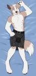 anthro bed belt bottomwear claws clothed clothing dakimakura fur furniture hair kilt looking_at_viewer lying male multi_nipple nipples on_back open_mouth pawpads simple_background smile solo sporran teeth toe_claws tongue topless shimmi_(artist) border_collie canid canine canis collie domestic_dog herding_dog mammal pastoral_dog sheepdog 2019 absurd_res dakimakura_design digital_media_(artwork) hi_res