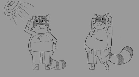 anthro chest_tuft clothed clothing facial_markings gloves_(marking) grey_background hands_behind_head head_markings male markings mask_(marking) one_eye_closed overweight simple_background standing striped_markings striped_tail stripes sun swimming_trunks swimwear tail tail_markings topless tuft wink asterixknox robot_dreams rascal_(robot_dreams) mammal procyonid raccoon monochrome