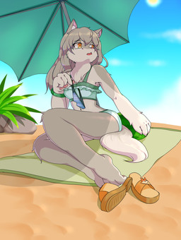 anthro beach beach_towel bikini clothed clothing curling_toes eyewear feet female food footwear fruit fur grey_body grey_fur hair holding_object long_hair melon open_mouth orange_eyes outside plant sand sandals seaside shoes solo sunglasses swimwear towel two-piece_swimsuit umbrella watermelon pilliy canid canine canis mammal wolf hi_res