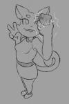 anthro breasts clothed clothing female fur gesture hand_gesture selfie simple_background solo v_sign paoguu super_planet_dolan shima_luan domestic_cat felid feline felis mammal 2017 2:3 hi_res monochrome