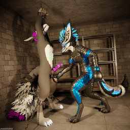 animal_genitalia animal_penis anthro anthro_on_anthro arms_tied ball_punching ballbusting balls basement bdsm biped black_body black_boots black_clothing black_footwear black_fur black_shoes blue_body blue_fur blue_penis bodily_fluids bondage boots bottomwear bound boxing_gloves canine_genitalia canine_penis claws clothed clothing cock_and_ball_torture cuff_(restraint) cum cum_drip cum_dripping_from_penis cum_on_penis depth_of_field dominant dripping dungeon duo erection footwear fur genital_fluids genital_torture genitals grey_body grey_fur hair handwear inside jacket knot leather leather_boots leather_bottomwear leather_clothing leather_footwear leather_jacket leather_pants leather_topwear legs_tied legwear male male/male metal_cuffs multicolored_body muscular muscular_male nude open_mouth orgasm pants paws penis punch purple_body purple_fur purple_penis reflection restraints sex shoes slim slim_anthro slim_male slim_sub smile sport standing submissive submissive_male tail topwear white_body white_fur dragonplayer dragonplayer_(character) canid canine canis fox hybrid jex mammal rexouium skulldog_(species) 1:1 3d_(artwork) absurd_res blender_(artwork) blender_cycles_(artwork) digital_media_(artwork) hi_res