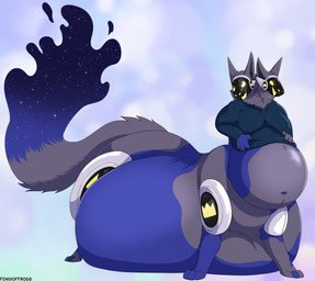 2_heads ambiguous_gender belly big_belly black_clothing black_hoodie black_topwear blue_body clothing fur grey_body grey_fur hoodie huge_belly hyper hyper_belly machine multi_head multicolored_body smile solo text topwear vore fondoffrogs franz_(mister-r) protogen protogen_taur taur 2025 artist_name hi_res