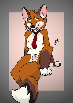 animal_genitalia animal_penis anthro balls blush body_blush brown_hair canine_genitalia canine_penis cute_fangs devvulp(character) fangs fur genitals giggling hair lying male markings multicolored_body multicolored_fur necktie nude on_side open_mouth penis presenting red_penis sheath shy simple_background smile solo tail teasing teeth whiskers white_body raposanaranja canid canine fox mammal absurd_res hi_res