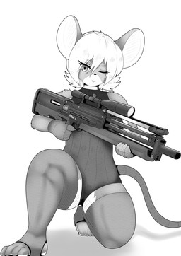 4_toes 5_fingers anthro biped breasts buckteeth claws clothed clothed_anthro clothed_female clothing eyelashes feet female female_anthro finger_claws fingerless_gloves fingers front_view fur gloves gun hair hairless_tail handwear holding_gun holding_object holding_ranged_weapon holding_rifle holding_weapon humanoid_hands kneeling legwear leotard one_eye_closed plantigrade ranged_weapon rifle simple_background solo stirrup_legwear teeth thigh_highs toes wa2000 weapon mako_030201 mammal mouse murid murine rodent 2024 digital_media_(artwork) greyscale hi_res japanese_description monochrome