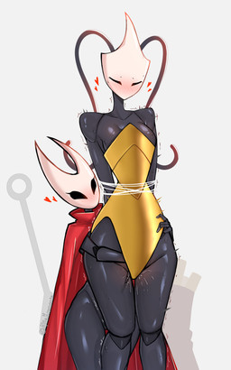 antennae_(anatomy) anthro anthro_on_anthro armor black_arms black_legs blush bodily_fluids bound breasts cloak clothing curvy_figure duo female female/female fingering genital_fluids hands_behind_back heart_symbol horn larger_female medium_breasts red_cloak red_clothing segmented_body simple_background size_difference smaller_female submissive submissive_anthro submissive_female sweat vaginal vaginal_fingering vaginal_fluids weapon alfa_kronoxis hollow_knight:_silksong hollow_knight_(franchise) team_cherry hornet_(hollow_knight) shakra_(hollow_knight:_silksong) arachnid arthropod insect spider absurd_res hi_res