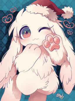3_fingers :3 ambiguous_gender anthro arm_tuft big_ears biped blue_background blush chibi christmas_clothing christmas_headwear clothing crotch_tuft elbow_tuft eyelashes fingers floppy_ears fluffy fluffy_chest fluffy_ears front_view fur hat hat_only headgear headgear_only headwear headwear_only heart_symbol holidays kemono long_ears looking_at_viewer lop_ears monotone_body monotone_fur mostly_nude nude one_eye_closed outline_heart pattern_background pawpads paws pink_eyes pink_pawpads pupils purple_pupils santa_hat semi-anthro simple_background smile solo standing tuft white_body white_ears white_fur white_inner_ear wink mekkyaru christmas inochi_(mekkyaru) lagomorph mammal 2022 3:4 colored digital_media_(artwork) portrait shaded signature three-quarter_portrait