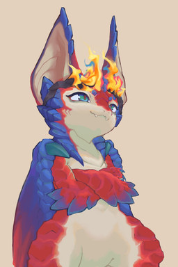 2_horns anthro big_ears biped blue_body blue_claws blue_scales blue_wings claws clothing crossed_arms fangs fingers fire flaming_horn glistening glistening_eyes green_claws green_eyes headgear headgear_only headwear headwear_only horn male mostly_nude multicolored_eyes pawpads paws pupils red_body red_pupils red_scales red_wings scales simple_background smile solo tan_background tan_body tan_inner_ear teeth white_sclera wing_claws wings khloropus european_mythology league_of_legends mythology riot_games tencent smolder_(lol) dragon mythological_creature mythological_scalie scalie western_dragon 2026 absurd_res digital_drawing_(artwork) digital_media_(artwork) hi_res portrait three-quarter_portrait