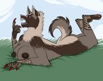 anthro breasts colored_nails dark_nipples female grass long_nails nails nude outside plant pondering red_nails short_tail slim solo tail teeth vainovalkea african_wild_dog canid canine mammal absurd_res hi_res