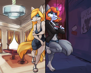 anthro barefoot blonde_hair bottomwear bra breasts cigarette cleavage clothed clothing contrast dress duo evening_gown eyeshadow feet female footwear fur green_eyes grey_body grey_fur hair half-closed_eyes inside long_hair makeup narrowed_eyes navel orange_hair paws shoes shorts skimpy smoking split_screen street symmetry underwear white_body white_fur siroc trixie_folferton_(character) canid canine canis mammal wolf 2018 hi_res