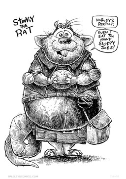anthro armor belly big_belly bottomwear burger clothing dialogue food footwear headgear helmet male overweight overweight_male sandals shirt shoes shorts solo text topwear jwbalsley stinky_the_rat mammal murid murine rat rodent 2025 english_text hi_res monochrome