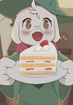 anthro blush cake clothed clothing dessert eyewear floppy_ears food fur glasses green_clothing green_hat green_headwear green_robe hat headgear headwear holding_object holding_plate lop_ears male open_mouth plate robe solo white_body white_fur guffin_9 deltarune undertale_(series) ralsei bovid caprine goat mammal 2024 half-length_portrait hi_res portrait