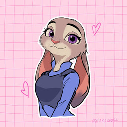 anthro biped clothed clothing eyebrows eyelashes female fully_clothed fur grey_body grey_fur heart_symbol long_ears looking_at_viewer pink_nose purple_eyes shirt smile solo text topwear twitter_handle vest tomoe00022 disney zootopia judy_hopps lagomorph leporid mammal rabbit 1:1 2026 artist_name digital_media_(artwork) half-length_portrait hi_res portrait