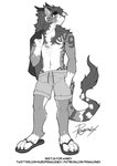 anthro arm_markings bottomwear clothed clothing exposed_feet flip_flops footwear fur glistening glistening_eyes horn looking_at_viewer male markings navel sandals shoes shorts simple_background solo standing tail tail_tuft text topless tuft penguinexperience mythology alcepiade dragon felkin furred_dragon furred_scalie mythological_creature mythological_scalie scalie full-length_portrait monochrome portrait signature url