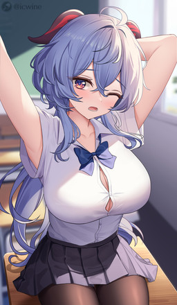 big_breasts blue_hair blush bottomwear breasts classroom clothed clothing desk female fully_clothed furniture hair horn leggings legwear long_hair one_eye_closed open_mouth raised_arms school sitting skirt solo stretching table icwine_(artist) genshin_impact mihoyo ganyu_(genshin_impact) adeptus_(genshin_impact) horned_humanoid humanoid hi_res