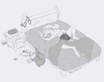 2_horns anthro areola bit_gag bodily_fluids boxers_(clothing) breasts bulge chips_(food) clock clothing food gag gynomorph horn intersex lying messy nipples saliva sleeping solo text underwear phathusa femtoampere_(character) bicorn equid equine mammal monochrome