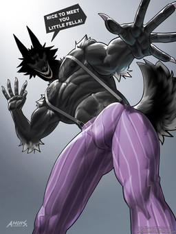 abs anthro biped black_body black_fur bottomwear bulge claws clothing creepy_face creepy_smile dialogue empty_eye_socket eyeless finger_claws fur looking_at_viewer looking_down looking_down_at_viewer low-angle_view male muscular muscular_anthro muscular_male nipples pants pattern_bottomwear pattern_clothing pattern_pants pecs smile solo speech_bubble striped_bottomwear striped_clothing striped_pants stripes suspenders talking_to_viewer text amon-sydonai creepypasta smile.dog void_(amon-sydonai) canid canine canis mammal wolf 2025 digital_media_(artwork) english_text hi_res