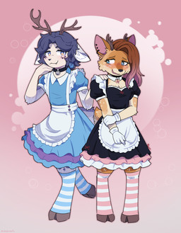 anthro antlers bell bell_collar blush clothing collar cosplay duo female gloves handwear horn legwear maid_apron maid_uniform male male/female thigh_highs uniform white_clothing white_gloves white_handwear milkychocoflan hawthorn_(delta) deer humanoid mammal hi_res
