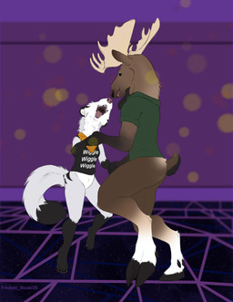 anthro antlers biped black_clothing black_shirt black_topwear carpet claws clothing cloven_hooves dancing dewclaw digitigrade duo female green_clothing green_shirt green_topwear hooves horn male male/female open_mouth party shirt short_tail smile smiling_at_another smiling_at_partner tail teeth toe_claws topwear conditional_dnp fricken_stoat fret moose_mower deer mammal moose mustelid musteline new_world_deer stoat true_musteline weasel absurd_res hi_res