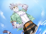 anthro bottomwear clothing cloud eyewear male shorts sky smile solo summer sunglasses swimming_trunks swimwear teeth water e_convenient cygames world_flipper nimbus_(world_flipper) domestic_cat felid feline felis mammal 2021 hi_res