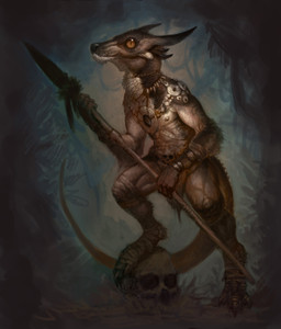 3_toes abs abstract_background anthro athletic athletic_anthro athletic_male black_nose bottomwear bracelet brown_body brown_eyes brown_fur claws clothed clothing detailed_fur digitigrade feet fingers front_view fur holding_melee_weapon holding_object holding_polearm holding_spear holding_weapon horn human_skull jewelry loincloth looking_at_viewer loose_feather male melee_weapon mouth_closed multicolored_body multicolored_fur nipples pecs polearm pupils skimpy slit_pupils snout solo spear spiked_tail spikes spikes_(anatomy) standing tail tan_body tan_fur teeth three-quarter_view toe_claws toes topwear tribal weapon john_tedrick furred_kobold furred_scalie kobold scalie 2018 adobe_photoshop_(artwork) detailed digital_media_(artwork) digital_painting_(artwork) full-length_portrait hi_res painting_(artwork) portrait shaded soft_shading unfinished