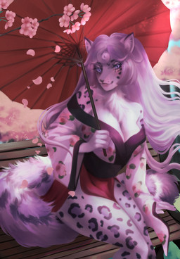 anthro cherry_blossom female flower food hair plant prunus_(flower) solo irushi000 felid leopard mammal pantherine absurd_res hi_res