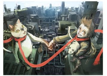 amazing_background anthro backpack bangs carrying_another city cityscape clothed clothing detailed_background feral foreshortening group hand_holding high-angle_view high_place looking_at_viewer male nude open_mouth outdoor_nudity outside pupils scarf sitting slit_pupils standing toony what whiskers whitil_apsa domestic_cat felid feline felis human mammal detailed