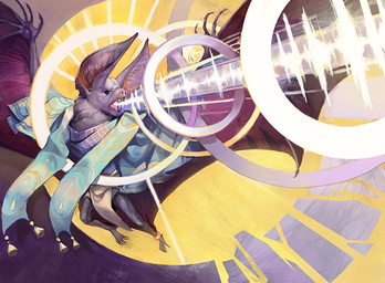 abstract_background ambiguous_gender anthro big_ears clothing flying fur grey_body grey_fur membrane_(anatomy) membranous_wings open_mouth red_wings scarf solo sound_wave wings julie_dillon hasbro magic:_the_gathering wizards_of_the_coast bat mammal official_art