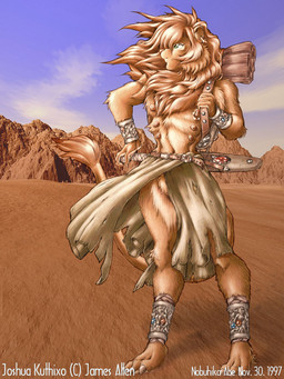 3_toes anthro backpack barefoot biped claws clothed clothing day ear_piercing feet fur hair inner_ear_fluff looking_aside male melee_weapon multi_nipple nipples outside piercing scabbard sheathed_weapon sky solo standing sword tail tan_body tan_fur tan_hair text toes topless tuft weapon karabiner felid lion mammal pantherine 1997 3:4 detailed english_text
