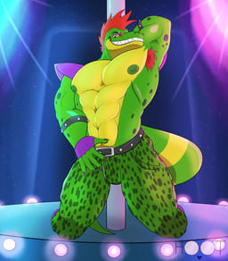 abs anthro armpit_hair body_hair clothed clothing dancing green_body hair male mohawk muscular muscular_anthro muscular_male nipples pecs pole pole_dancing red_hair solo teeth dg254 five_nights_at_freddy's five_nights_at_freddy's:_security_breach scottgames steel_wool_studios montgomery_gator alligator alligatorid crocodilian humanoid reptile scalie absurd_res digital_media_(artwork) hi_res