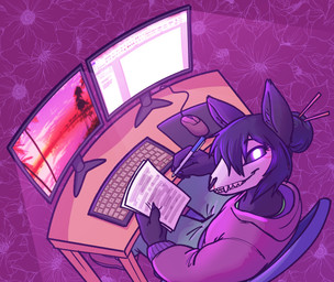 abstract_background anthro bangs black_body black_fur black_hair black_sclera bone bottomwear clothed clothing computer_keyboard computer_monitor computer_mouse desk eyelashes female footwear fur furniture glowing glowing_eyes hair hair_bun high-angle_view holding_object hoodie inside looking_at_viewer looking_back looking_back_at_viewer pants paper pen purple_eyes reclining shoes skull skull_head smile table teeth topwear writing_text atrolux conditional_dnp microsoft microsoft_word scp_foundation scp-1471-a canid canine mammal 2023 absurd_res hi_res