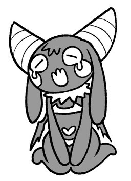 2_horns anthro belly belly_markings big_horn black_body black_ears black_fur black_tail black_tuft black_wings bodily_fluids bra cheek_markings circle_(marking) clothing crying facial_markings featureless_feet featureless_hands feet female female_anthro floppy_ears fur hands_on_knees hands_on_legs hands_on_own_knees hands_on_own_legs head_markings heart_(marking) horn kneeling long_ears lop_ears markings membrane_(anatomy) membranous_wings neck_tuft open_mouth panties simple_background small_wings solo spade_tail tail tears tuft underwear white_background white_bra white_cheeks white_clothing white_horn white_markings white_panties white_tuft white_underwear wings o-den bibi_(o-den) demon succubus 2026 digital_media_(artwork) monochrome