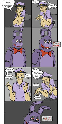 ambiguous_gender anthro bow_(feature) bow_tie clothing dialogue duo grey_background hat headgear headwear humor machine male red_eyes simple_background text unknown_artist five_nights_at_freddy's scottgames bonnie_(fnaf) animatronic human lagomorph leporid mammal rabbit robot 2015 english_text hi_res source_request