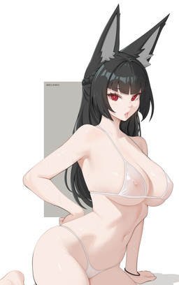 animal_ears areola big_breasts bikini biped black_hair breasts clothing eyelashes female hair nipples pupils red_eyes simple_background solo swimwear translucent translucent_clothing two-piece_swimsuit white_clothing melowh mihoyo zenless_zone_zero hoshimi_miyabi animal_humanoid humanoid absurd_res hi_res