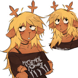 ahoge anthro antlers blonde_hair blush clothed clothed_anthro clothed_female clothing crossed_arms eyeshadow female female_anthro hair horn long_hair makeup off_shoulder simple_background solo white_background pastciarn deltarune my_chemical_romance undertale_(series) noelle_holiday deer mammal new_world_deer reindeer 1:1 2025 digital_media_(artwork) hi_res