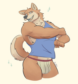 anthro blue_clothing blue_shirt blue_tank_top blue_topwear brown_body brown_fur bulge clothed clothed_anthro clothed_male clothing fingers fist front_view fur humanoid_hands jockstrap looking_at_viewer looking_down low-angle_view male neck_tuft open_mouth open_smile orange_eyes pose shirt simple_background skimpy smile smug solo sparkles standing tan_body tan_fur tank_top text topwear tuft underwear white_background yomosuke tennis_ace yuuichi_michimiya canid canine canis domestic_dog mammal shiba_inu spitz artist_name hi_res portrait three-quarter_portrait