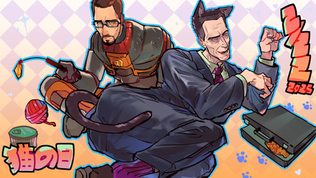 accessory alternate_species ball_of_yarn beard black_hair blue_clothing blue_suit briefcase brown_hair cat_tail cat_teaser checkered checkered_background clothing duo eyewear facial_hair fangs footwear glasses gradient_background green_eyes hair hev_suit holding_object humanoidized lambda_symbol lying male male_human male_humanoid mustache necktie on_side open_mouth pattern_background paw_pose pose purple_clothing purple_footwear purple_necktie purple_socks short_hair simple_background sitting smile socks suit tail teeth text tin_can wearing_glasses yarn ijust12kmsbro cat_day half-life valve valve_corporation g-man gordon_freeman animal_humanoid cat_humanoid felid felid_humanoid feline feline_humanoid human humanoid mammal mammal_humanoid 2025 absurd_res dated digital_drawing_(artwork) digital_media_(artwork) hi_res japanese_text lol_comments