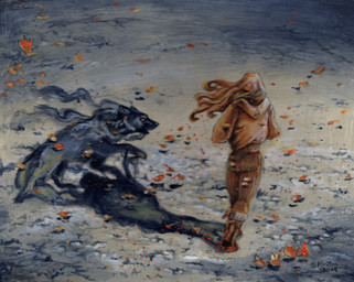 ambiguous_gender autumn black_body boots brown_hair clothed clothing duo falling_leaves feral footwear fully_clothed hair jacket leaf long_hair open_mouth outside rear_view red_eyes shadow shoes side_view topwear walking heather_bruton mythology canid canine human mammal mythological_canine mythological_creature shadow_creature spectral_dog spirit 2025 acrylic_painting_(artwork) colored_pencil_(artwork) painting_(artwork) traditional_media_(artwork) traditional_painting_(artwork)