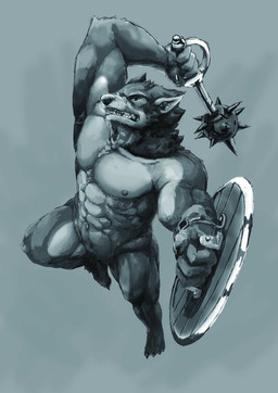 abs anthro armpit_hair body_hair countershading looking_at_viewer mace male melee_weapon muscular muscular_anthro muscular_male nude shield smile solo weapon geppei5959 canid canine mammal hi_res monochrome