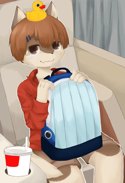 accessory anthro backpack black_eyebrows black_nose blue_hair_tie bottomwear brown_body brown_bottomwear brown_clothing brown_ears brown_eyes brown_face brown_fur brown_hair brown_shorts cheek_tuft clothing eyebrows facial_tuft fur glistening glistening_eyes hair hair_accessory hair_tie holding_object inner_ear_fluff kemono looking_at_viewer male multicolored_body red_clothing rubber_duck rubber_duck_on_head shorts sitting solo thin_eyebrows triangle_nose tuft two_tone_body white_body white_fur white_inner_ear white_inner_ear_fluff young young_anthro kintubaovo 2019 digital_media_(artwork) hi_res