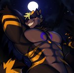 abs anthro barazoku biceps big_muscles biped black_sclera huge_muscles looking_at_viewer male moon muscular muscular_anthro muscular_male night nude_anthro nude_male outside pecs red_eyes solo rygel_spkb canid canine canis mammal wolf 2024 absurd_res hi_res