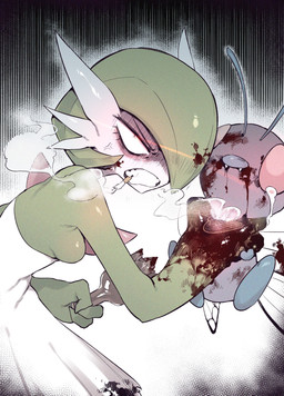 abuse ambiguous_gender angry animal_abuse blood bodily_fluids breasts broken_bottle cigarette cross-popping_vein crying duo featureless_breasts female gore hand_on_neck small_breasts smoke smoking tears violence karasu_chan nintendo pokemon butterfree gardevoir generation_1_pokemon generation_3_pokemon pokemon_(species) 2020 absurd_res hi_res