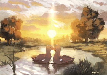 ambiguous_gender beak cloud duo eyes_closed grass plant romantic romantic_ambiance romantic_couple sun sunset tree water stardragonhorse anatid anseriform avian bird duck 2017 signature