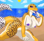 anthro beach big_breasts breasts claws eyelashes female forked_tongue freckles looking_at_viewer nipples non-mammal_nipples nude open_mouth piercing purple_eyes purple_nipples purple_tongue sand sea seaside sharp_teeth spots tail teeth thick_tail thick_thighs tongue tongue_out tongue_piercing water yellow_body blue_dingolf eublepharid gecko leopard_gecko lizard reptile scalie absurd_res hi_res