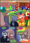 2022 anthro babystar biped clothing coat comic detailed_background dialogue english_text female fur gemma_polson group hair hi_res male sitting speech_bubble standing text topwear young young_anthro