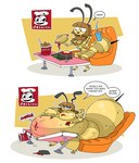 anthro belly big_belly big_breasts breasts female furniture huge_belly obese overweight simple_background sitting solo table text weight_gain yellow_body agouti-rex arthropod bee hymenopteran insect 2015