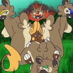 alolan_form alolan_raichu anthro badbitch_bidoof bidoof facesitting female generation_4_pokemon generation_7_pokemon group hi_res male nintendo pokemon pokemon_(species) regional_form_(pokemon) shep_(badbitch_bidoof) shiny_pokemon sitting_on_another taylor_the_raichu_(taylortherat)