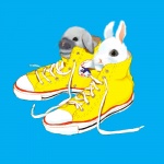 ambiguous_gender blue_background clothing duo feral footwear lacing shoes simple_background sneakers text text_on_clothing text_on_footwear text_on_shoes act chuck_taylor_all_stars converse lagomorph leporid mammal rabbit 1:1 english_text