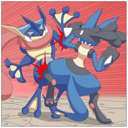 ambiguous_gender anthro blue_body blue_fur border duo fur long_tongue tail text tongue tongue_out white_border ragster_(artist) nintendo pokemon amphibian canid canine generation_4_pokemon generation_6_pokemon greninja lucario mammal pokemon_(species) 1:1 digital_media_(artwork) hi_res
